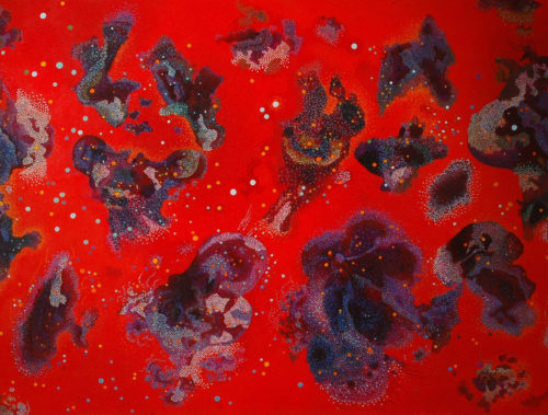 Vance Hall Kirkland, Blue Mysteries Suspended in red Space, No 13 (No.3, 1976), Oil on canvas. Acquired from the Robert B. Yegge Trust for the benefit of the Sturm College of Law.
