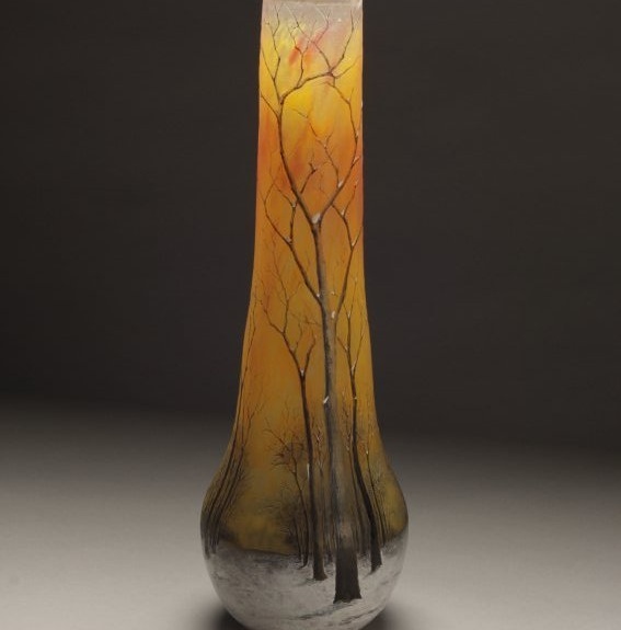 Daum Frères, Winter Scene, c. 1900. Acid-etched enameled glass.