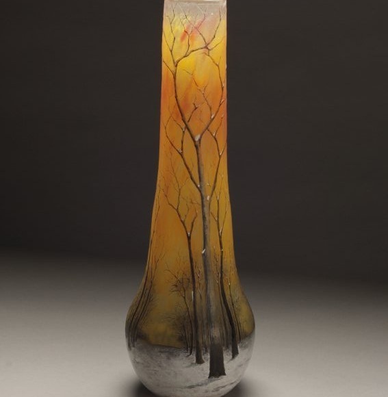 Daum Frères, Winter Scene, c. 1900. Acid-etched enameled glass.