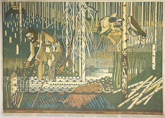 Harold Keeler, The Trapper, Trapping Beaver, c. 1936, woodblock print. 2024.21.7