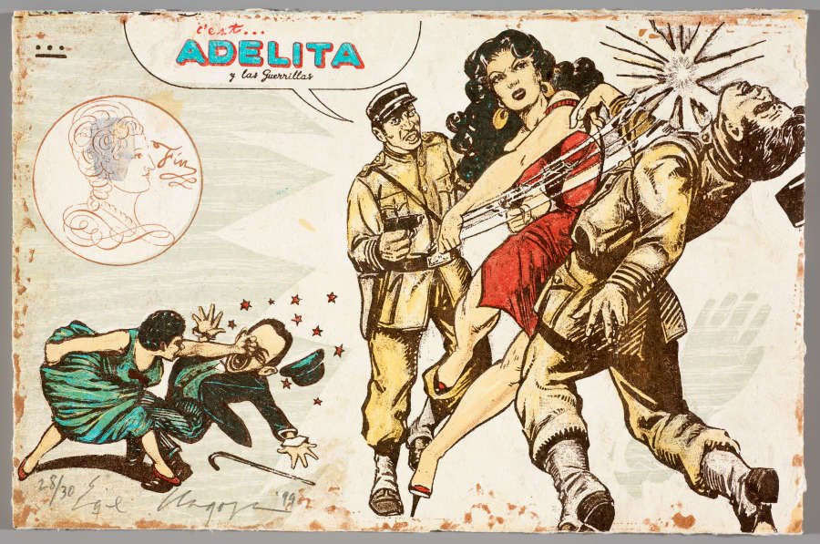 Erique Chagoya, Cannibales Modernistes, 1999. Color lithograph, woodcut, and chine collé. University of Denver Art Collection 2026, Funds from Taylor Kirpatrick. Detail of Adelita.