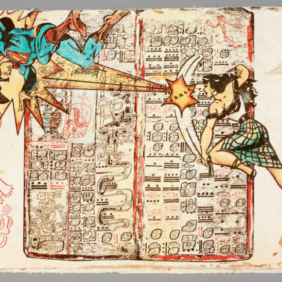 Erique Chagoya, Cannibales Modernistes, 1999. Color lithograph, woodcut, and chine collé. University of Denver Art Collection 2026, Funds from Taylor Kirpatrick. Details of Adelita and Superman.