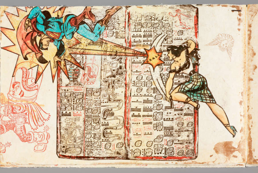 Erique Chagoya, Cannibales Modernistes, 1999. Color lithograph, woodcut, and chine collé. University of Denver Art Collection 2026, Funds from Taylor Kirpatrick. Details of Adelita and Superman.