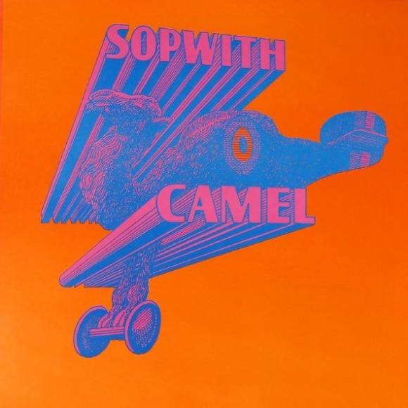 Bright orange poster with blue and pink text and illustrations. The name "Sopwith" and "Camel" make up the wings of the biplane at center, and the body of the aircraft features a camel's head. Information about the concerts is at the bottom of the poster.