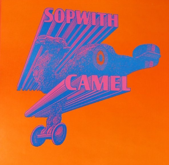 Bright orange poster with blue and pink text and illustrations. The name "Sopwith" and "Camel" make up the wings of the biplane at center, and the body of the aircraft features a camel's head. Information about the concerts is at the bottom of the poster.