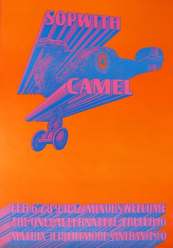 Bright orange poster with blue and pink text and illustrations. The name "Sopwith" and "Camel" make up the wings of the biplane at center, and the body of the aircraft features a camel's head. Information about the concerts is at the bottom of the poster.